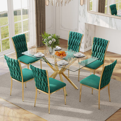 Table de salle à manger rectangulaire 47,24 "en verre trempé transparent avec chaises en velours 4/6, pieds en métal, moderne pour la cuisine, la salle à manger, le salon