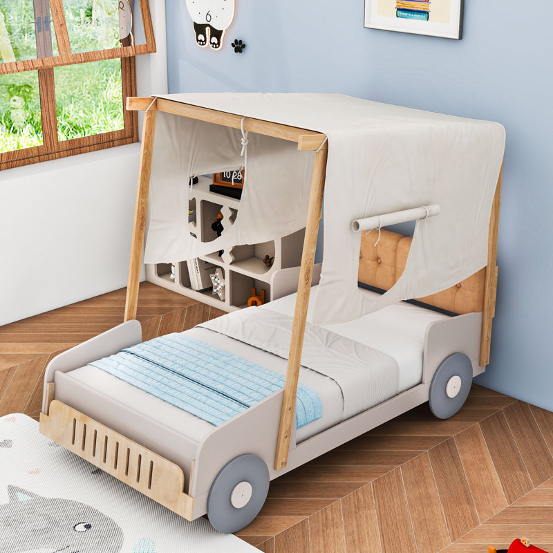 Wood Car Bed With Upholstered Headboard and Ceiling Cloth, Twin