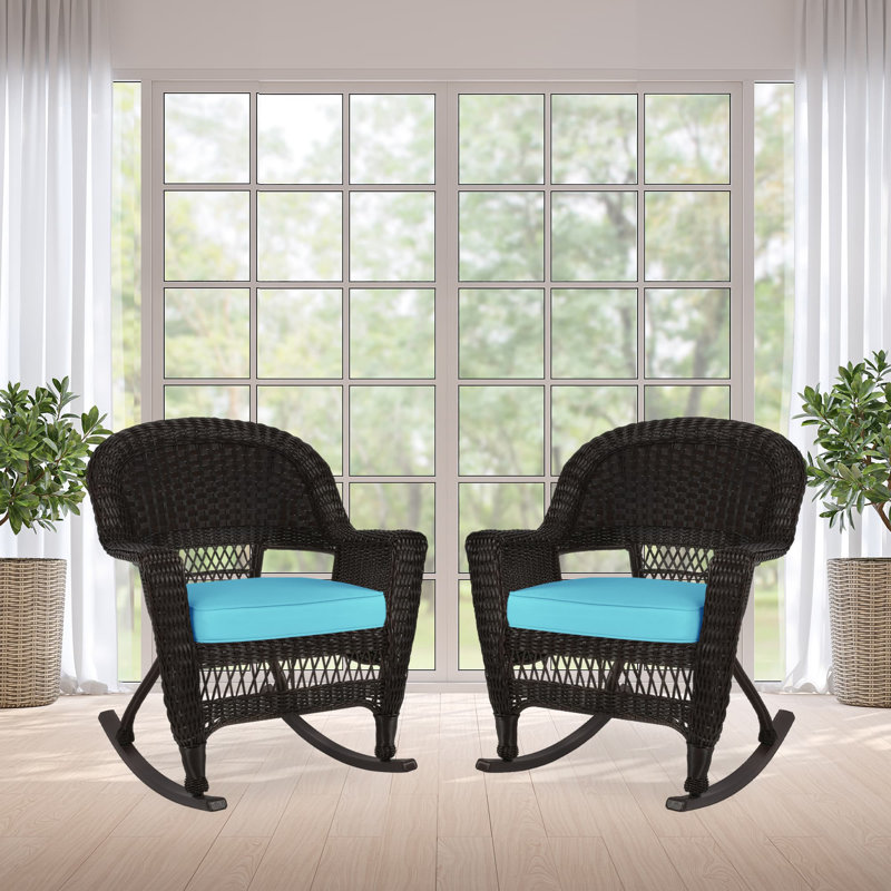 Chaise berçante en osier Raenesha, Espresso, Bleu ciel