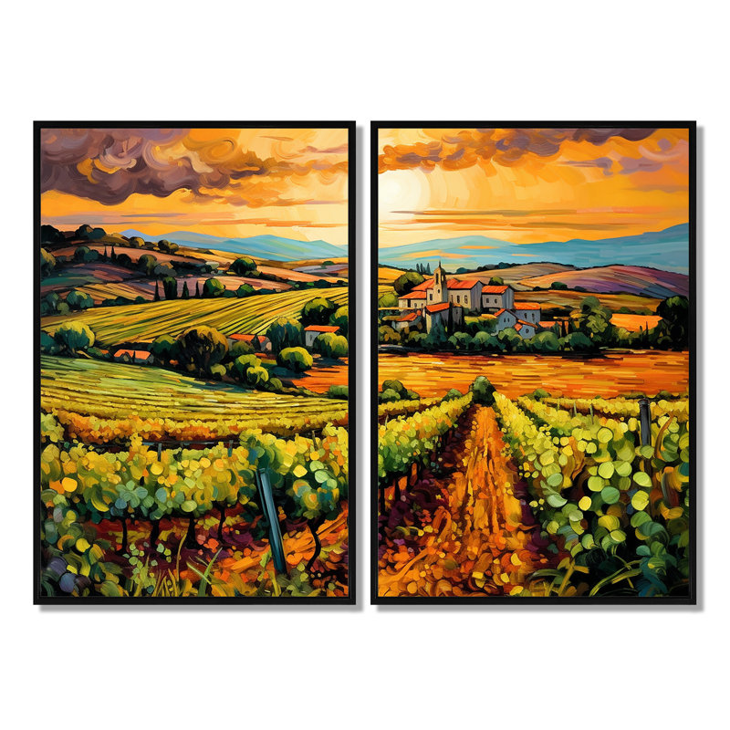 «Vangogh Sunlit Vineyard I», art mural jaune, Floater Framed Print without Mat, Black, 36" H x 48" W