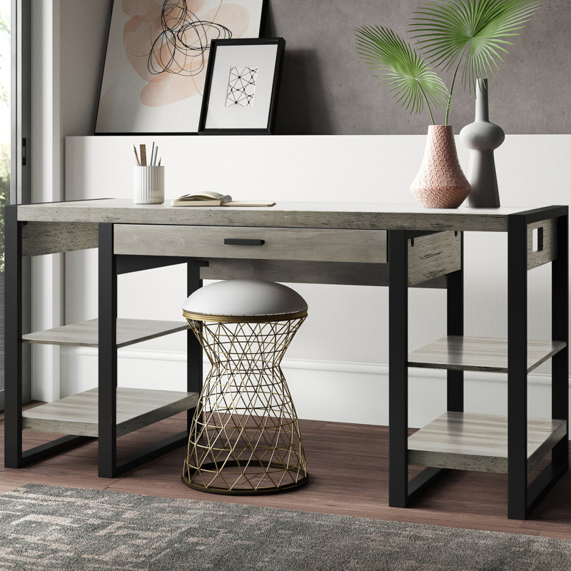 Yingst 60" Open Storage Tech Desk with USB Ports, Gray Wash