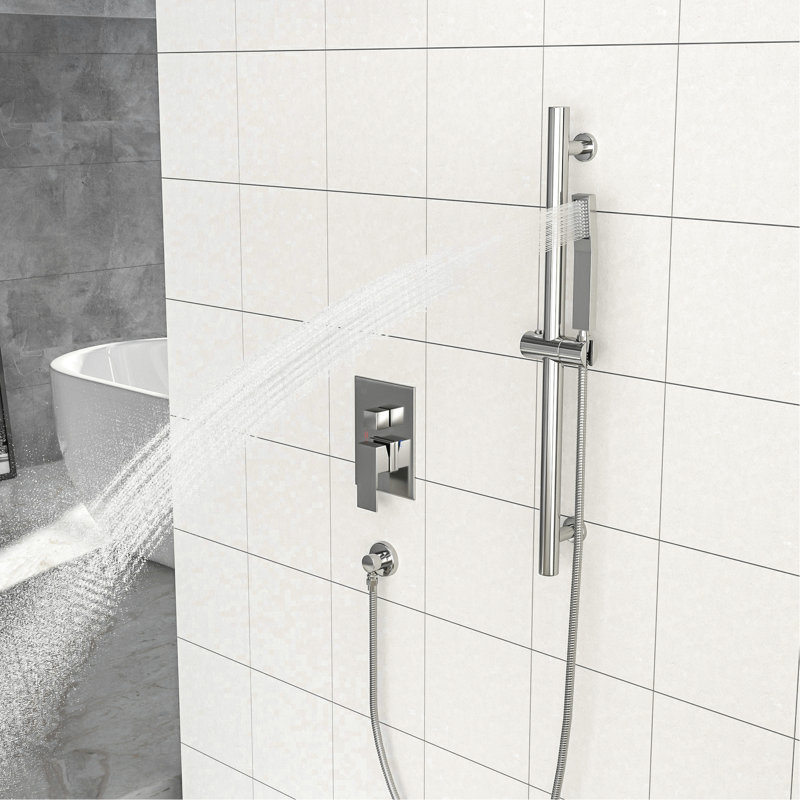 Brushed Nickel Shower With 12 Inch Square Head - Adjustable Slide Bar, -Balanced Valve & Handheld Contents Wall Mounted Implement