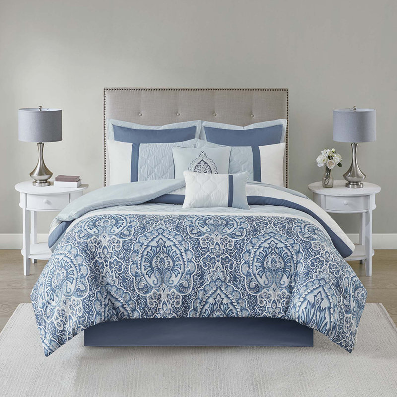 8 Piece Comforter Set, Silver/Navy, Queen Comforter + 6 Additional Pieces