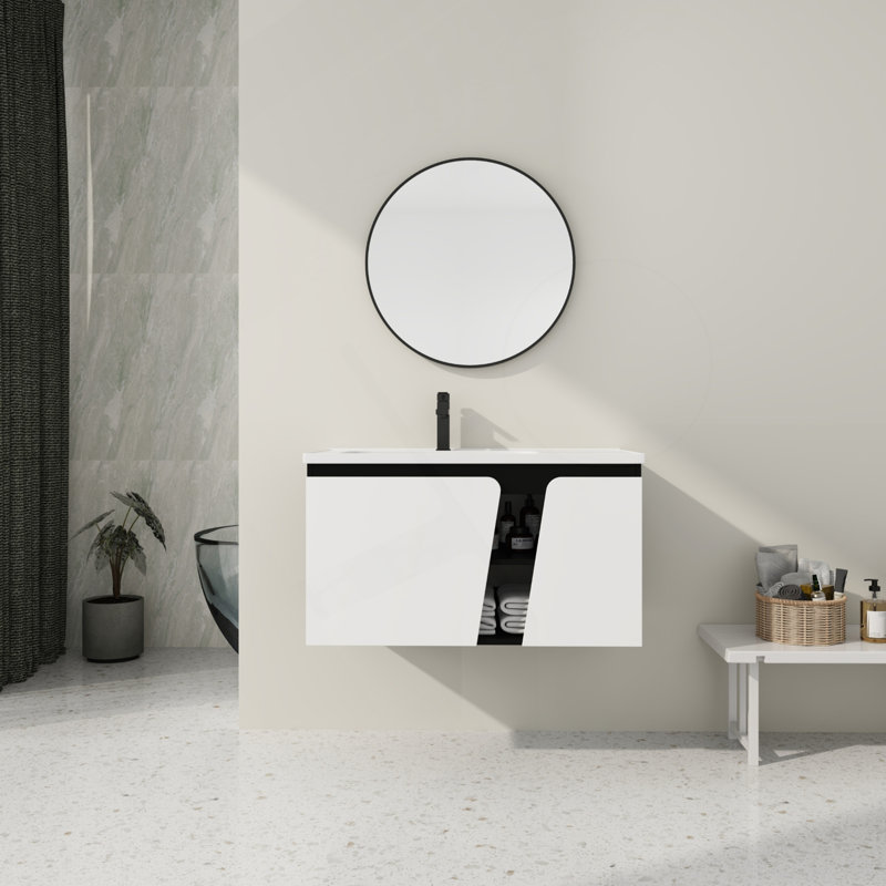 Meuble-lavabo mural flottant 36 po avec lavabo en céramique et porte d'armoire à fermeture en douceur 36 po, 36"