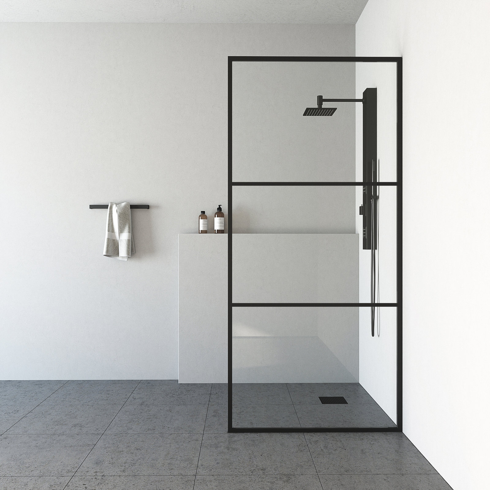 Divide Striped Glass Framed Shower Screen, Matte Black Clear