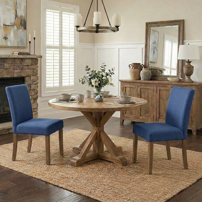 Upholstered Dining Chair, Blue Fabric Side Chair, Armless Modern Kitchen Chair with Solid Wood Legs, Blue