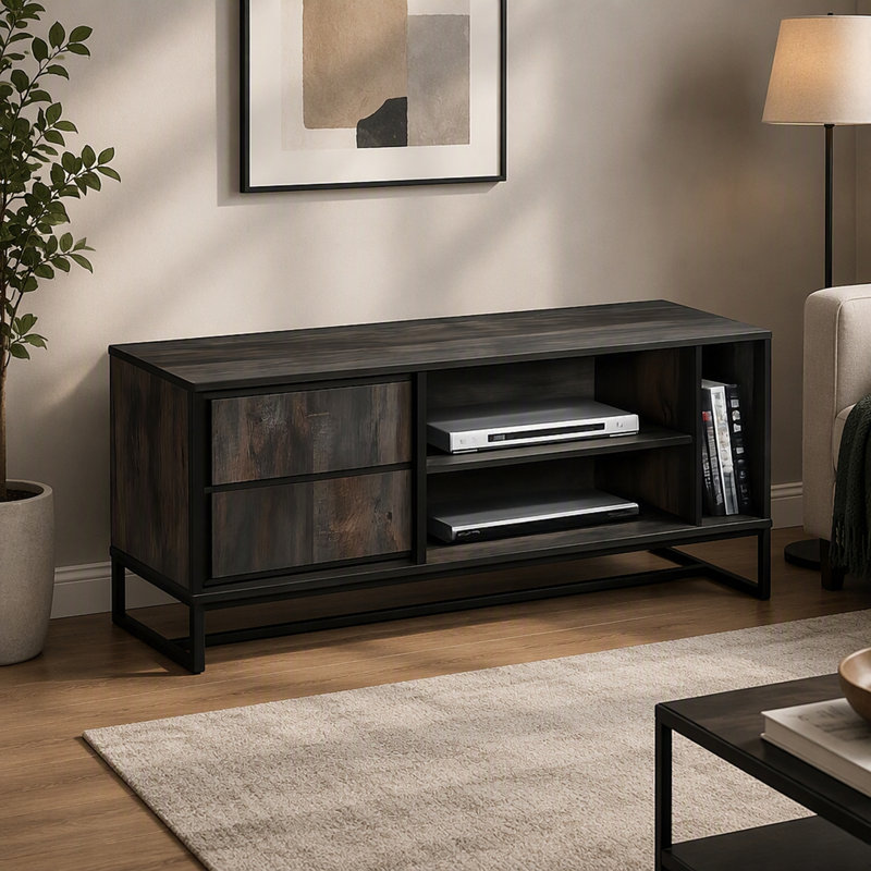 Meuble télé de style moderne du milieu du siècle avec rangement à plusieurs niveaux et garde-robe