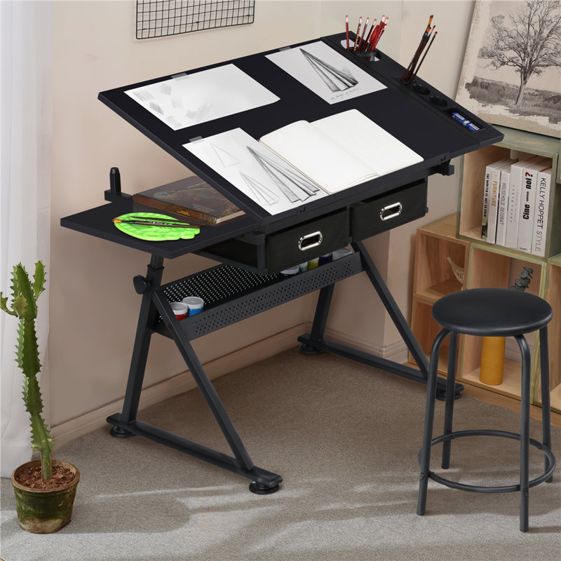 Adjustable Metal Base Drafting Table, 53.5" L x 24.2" W, Black