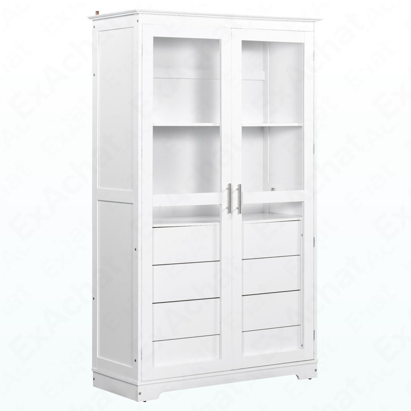 Armoire de cuisine 44,7 x 20 x 75 po - Présentoir de porte en verre autoportant avec 4 tiroirs intégrés, Blanc