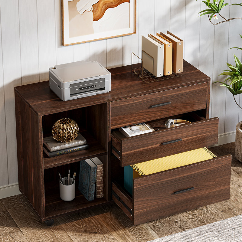 Classeur latéral mobile avec tiroirs et tablettes, armoire de rangement à roulettes, brun, Marron foncé