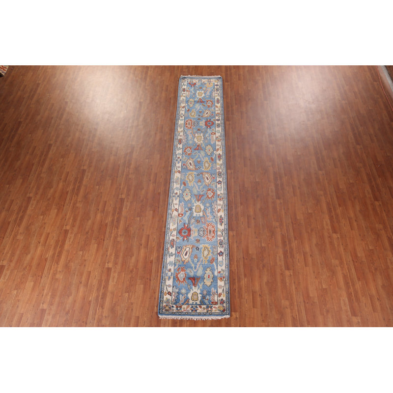 Tapis de couloir oriental bleu clair fait à la main Oushak 2 x 14