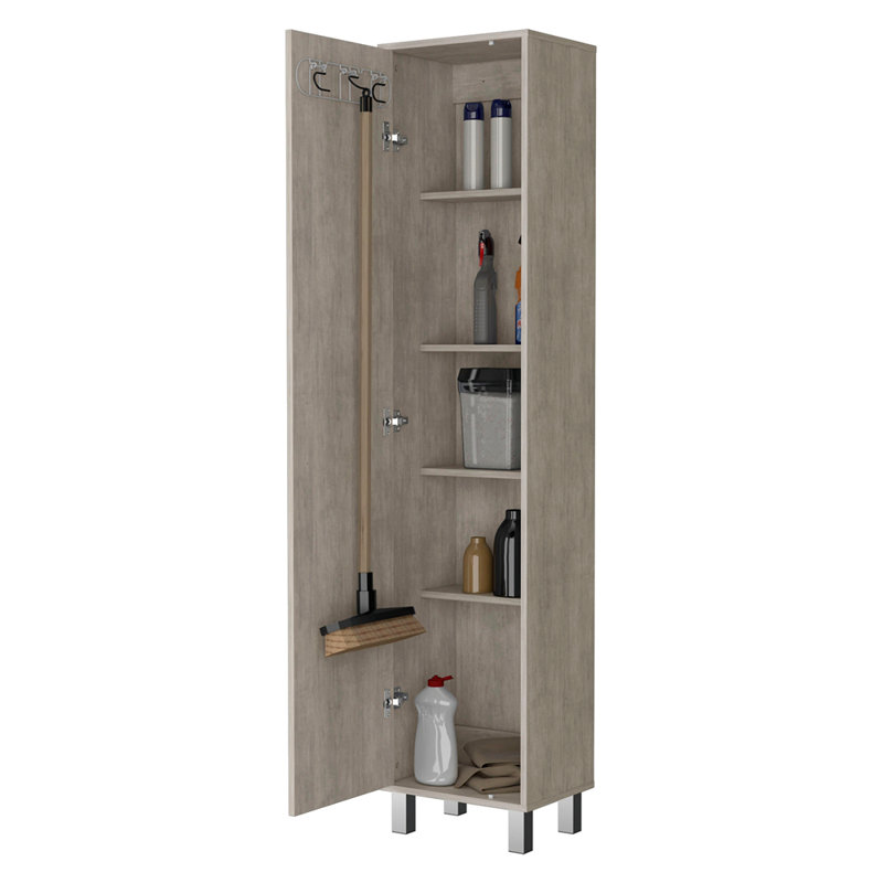 3 Broom Hangers Tall Storage Cabinet, Concrete Gray