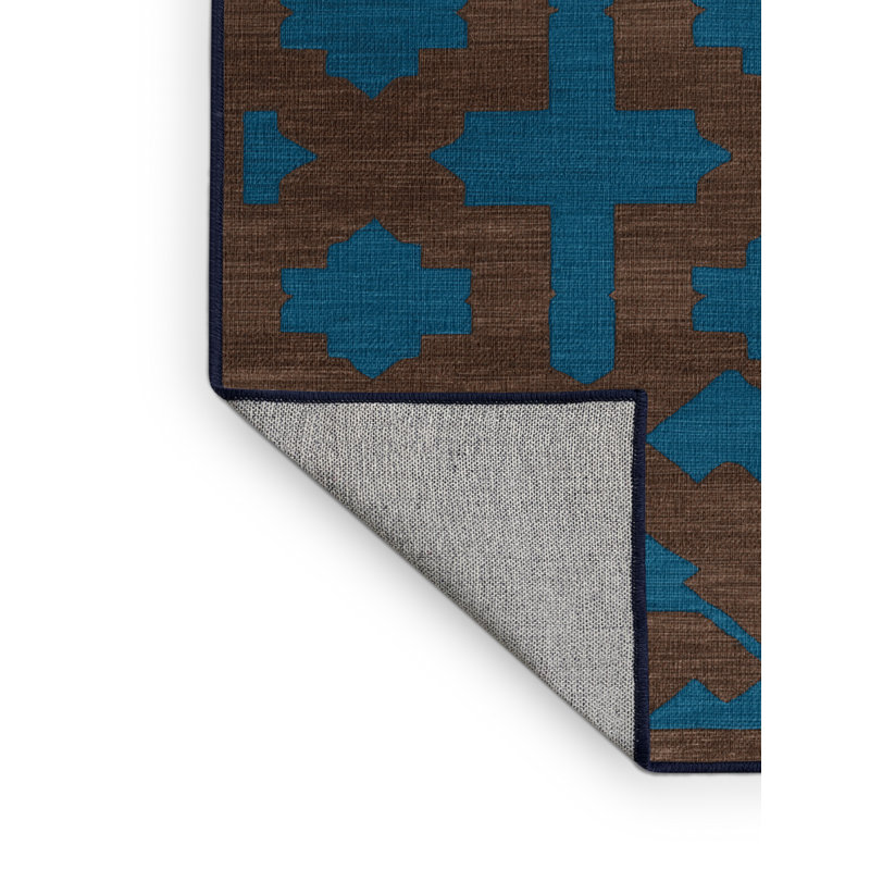 Tapis bleu en treillis lavable à la machine, Rond 8 pi