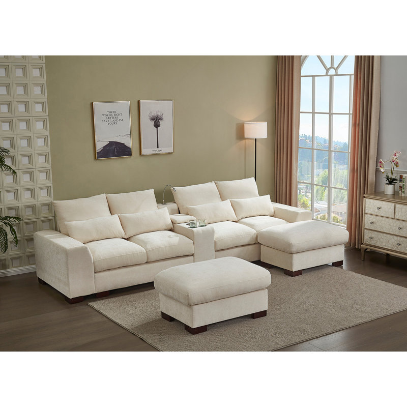 Canapé modulaire moderne avec console, port de charge USB, lampe de lecture, porte-gobelet, beige, Tissu beige