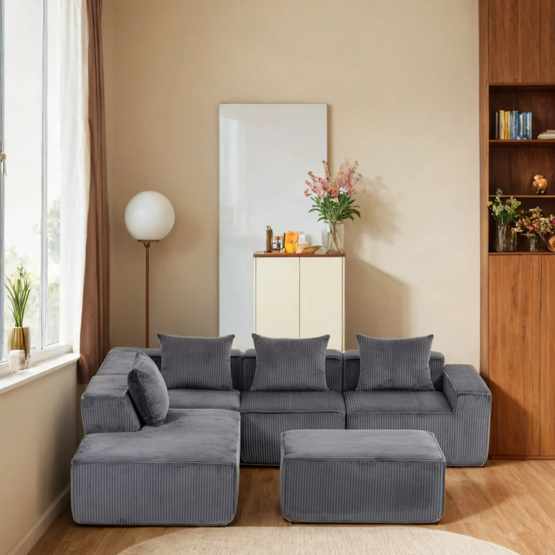 Canapé modulaire en velours avec repose-pieds, Velours côtelé gris
