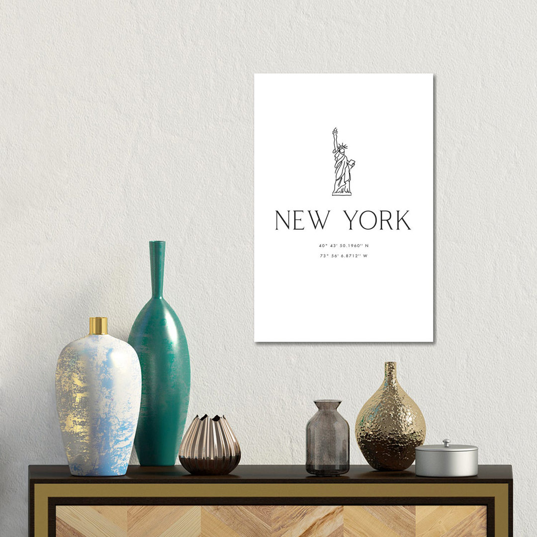 New York Coordinates With Statue Of Liberty Sketch von Blursbyai - No Frame Gallery-Wrapped Canvas Giclée on Canvas