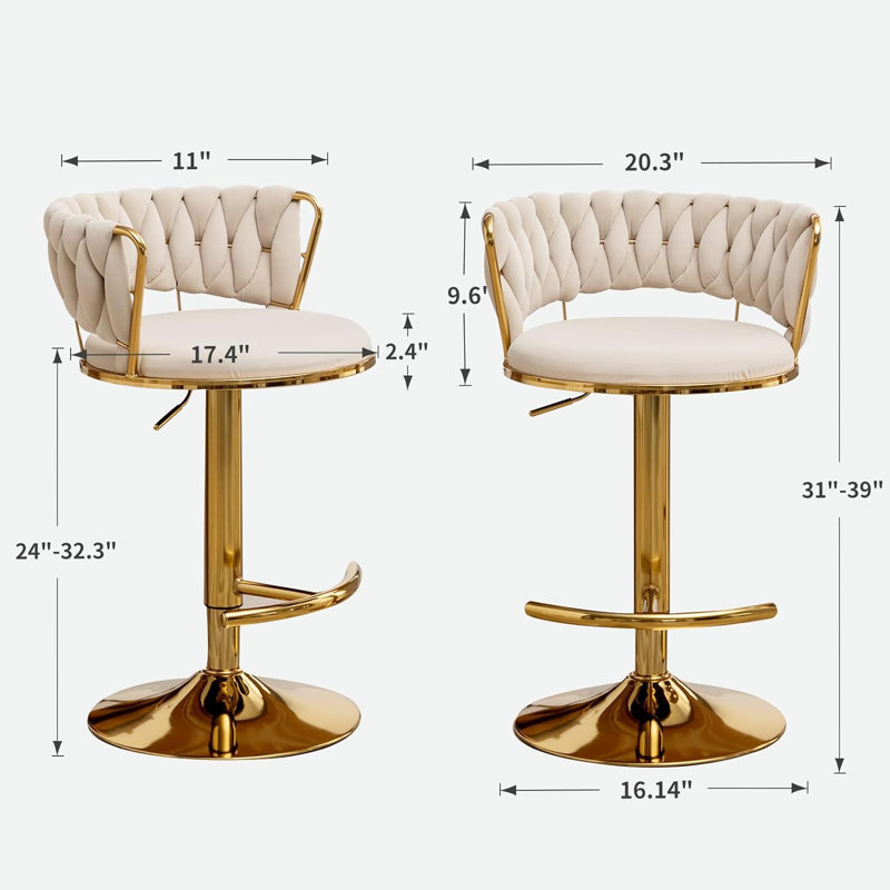 Swivel Bar Stools Set Of 4, Counter Height Bar Stools With Low Back, Velvet Adjustable Height Barstools, Gold Bar Stools For Kitchen Island, Pub