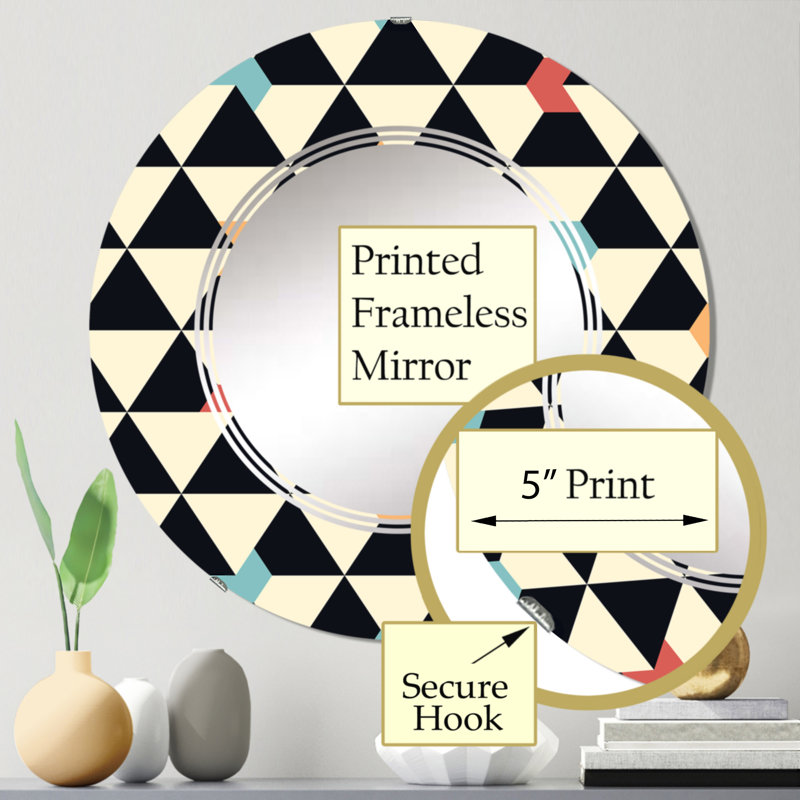 Miroir mural rond noir et beige à motif géométrique I, 24 po x 24 po