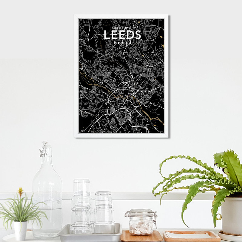 Carte de la ville de Leeds, impression, Noir / or, H 24 po x l 18 po