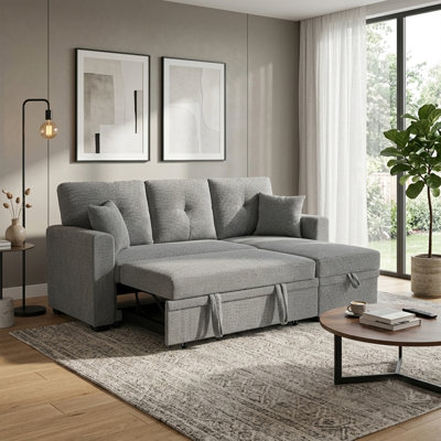 71 " Caramel Sectional Sofa With Pull Out Bed，L Shaped Couch With Reversible Storage Chaise