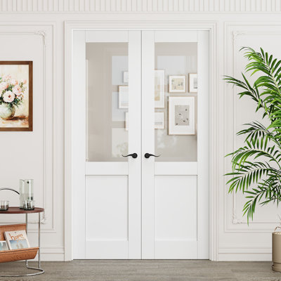 Porte intérieure semi-vitrée en verre clair, portes françaises en MDF CARB P2 et verre trempé SGCC, quincaillerie noire mate - poignée de porte avec serrure, loquet et charnières, préfinie et imperméable, garde-manger, chambre, salle de bain et placard, teinture facile à faire soi-même, 122 cm x 203 cm