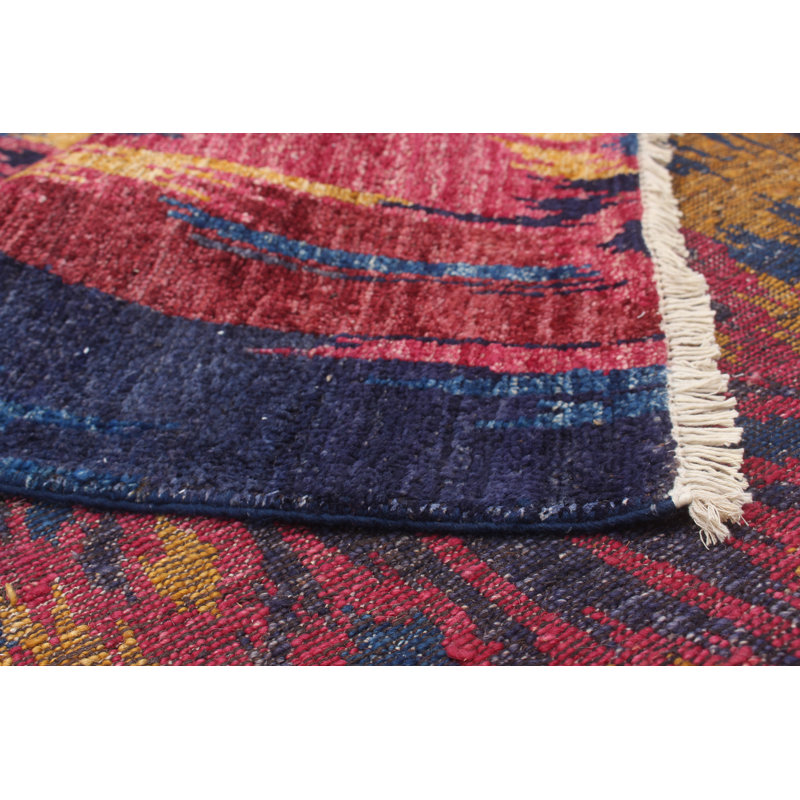 Tapis unique en laine noué à la main jaune / bleu / rose de style années 2010 de 6 pi x 9 pi 6 po Kamylah