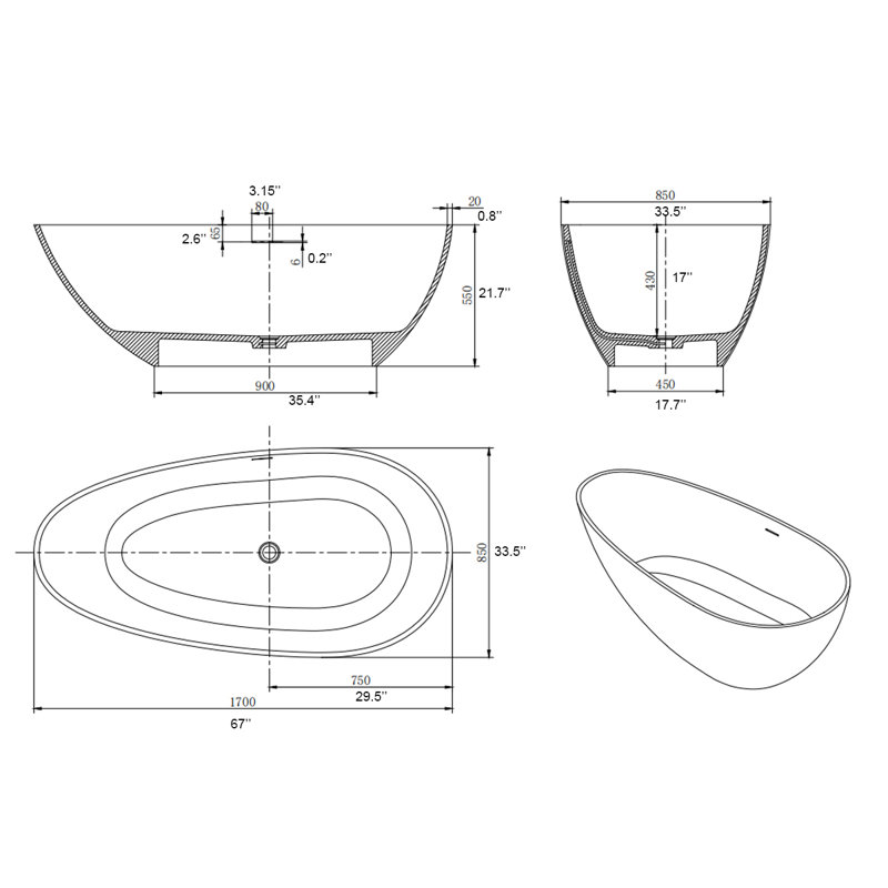 Baignoire de trempage autoportante à surface solide 67 po. X 34 po.
