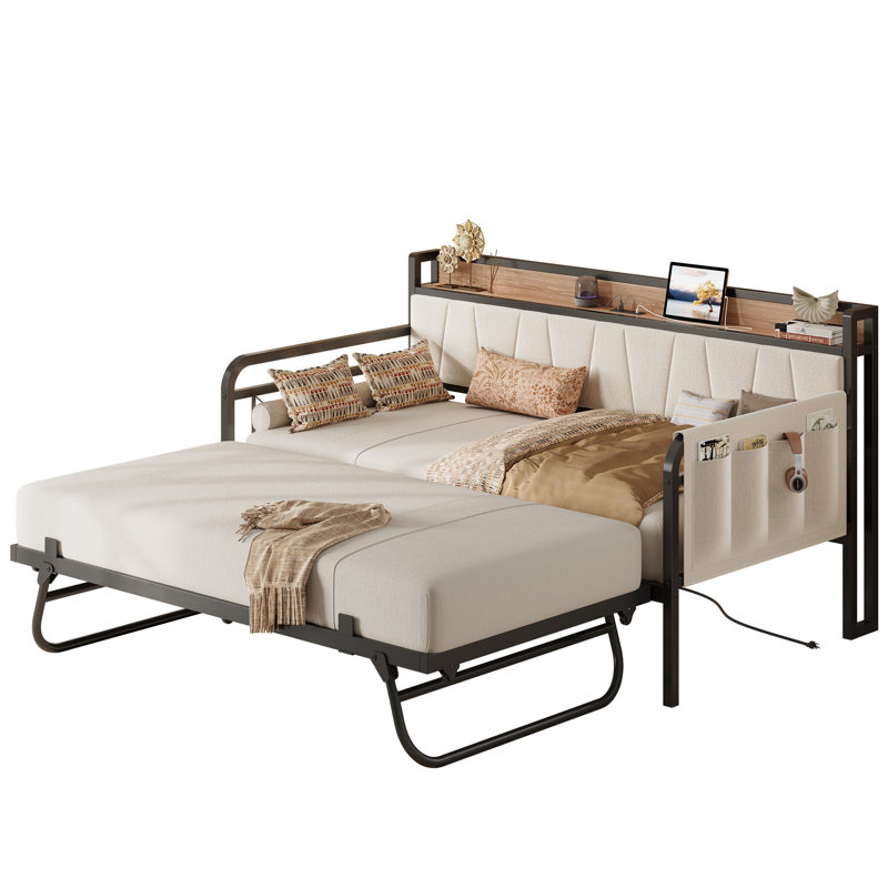 Bed Frame With Storage Headboard And Charging Station, Beige, Lit simple