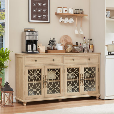 Buffet Farmhouse avec rangement, grande crédence de 59 po avec 4 portes en verre et 2 tiroirs, console à tablettes réglables, bar à café en bois pour la salle à manger, le salon