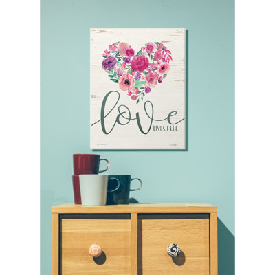 " Love Lives Here Flowers Heart White Wood " Graphic Art Print