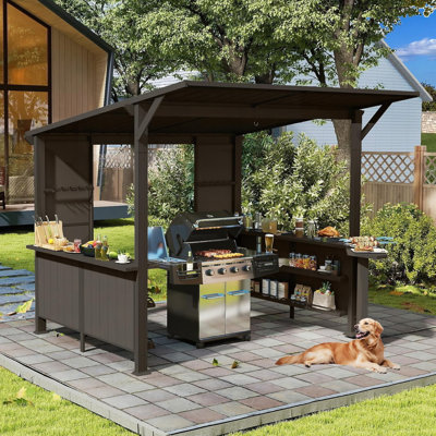 Pavillon de jardin à toit rigide de 9 pi x 10 pi, pavillon de barbecue incliné vers l'extérieur avec tablettes de rangement et plateforme d'extension, pavillon de barbecue à toit rigide en acier galvanisé pour terrasse de jardin