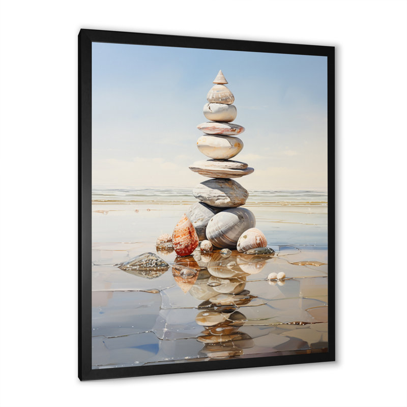 «Taylorstown Minimalist Beach Shells Tower II», reproduction sur toile, H 44 po x l 34 po x P 1,5 po, Cadre photo noir
