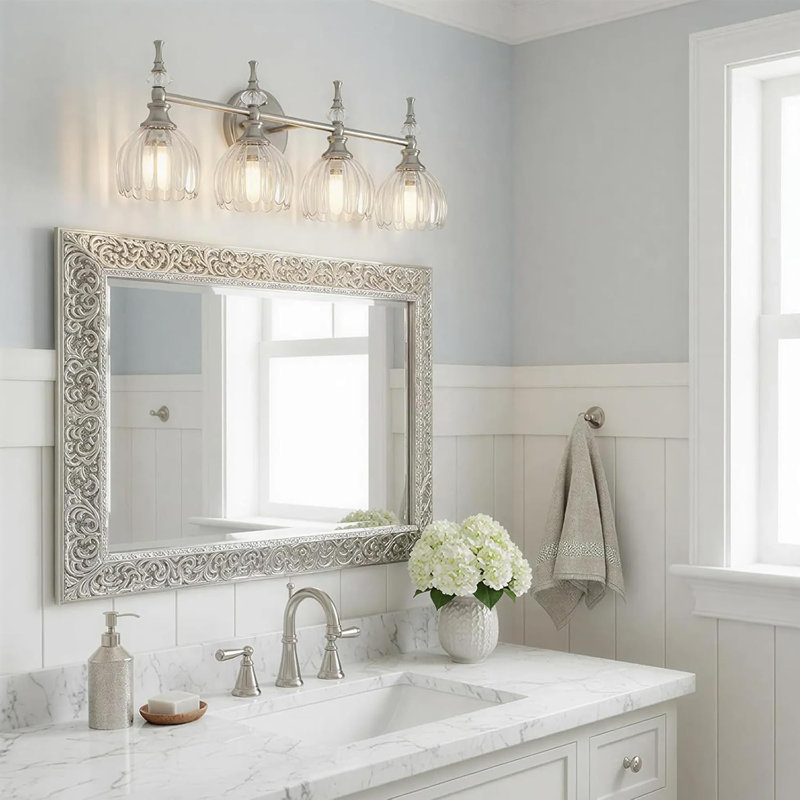 Modern Bathroom Vanity Light Fixture with Tulip Glass Shades, Brushed Nickel, 4 Lights