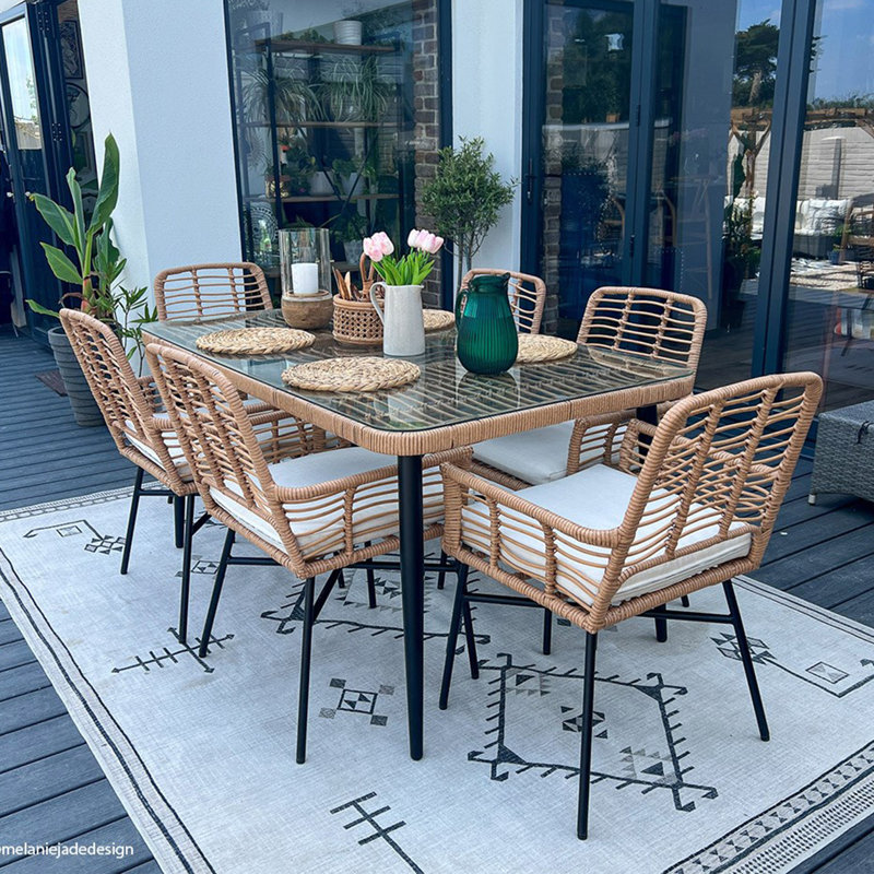 Kuwan 6-Person Rectangular Outdoor Dining Set with Cushions, Beige