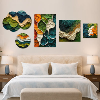 Biomorphism Earth Ephemeral Pathways I – Large Abstract Wall Art, Canvas and Metal Set of 5 (100" x 40")