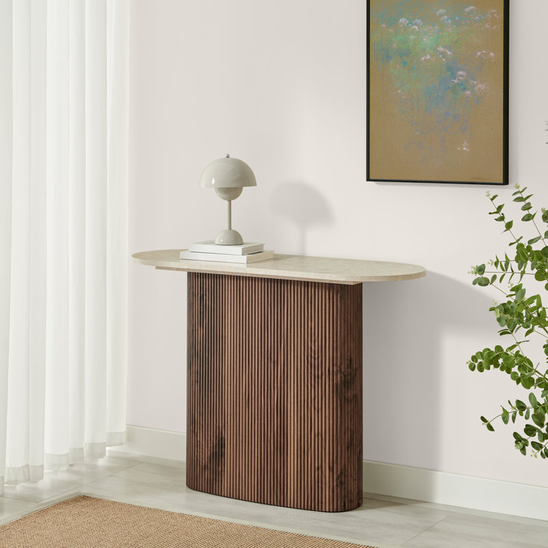 Penny Pillar Round Wood Console Table - Simple & Elegant Scandi Style, Oak Wood