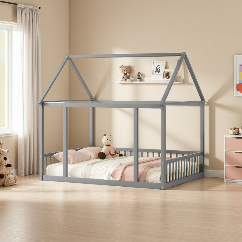 Lit de plancher en bois, Gris, Lit double
