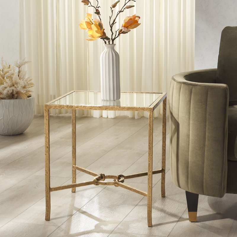 Table d'appoint carrée en métal forgé Tauri, White Marble/Brass