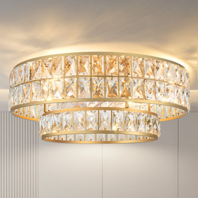 20" Double Layer Crystal Caged Ceiling Fan with Light Kit, Gold Finish, 7 Blades, Remote Control, Reversible DC Motor for Bedroom Dining Room