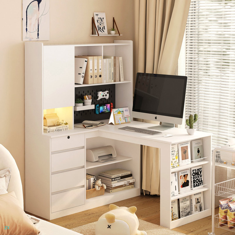 L Shaped Desk With Charger,Computer Desk With Drawers,Bookshelf,With LED Light,Modern Corner Desk,Home Office Desk,L-Shaped Study Table Writing Desk,Corner Gaming Computer Desk With Storage