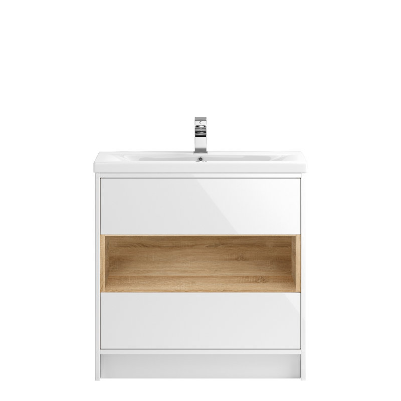 Coast Caillen Free-Standing Single Vanity Unit, Gloss White / Natural Oak