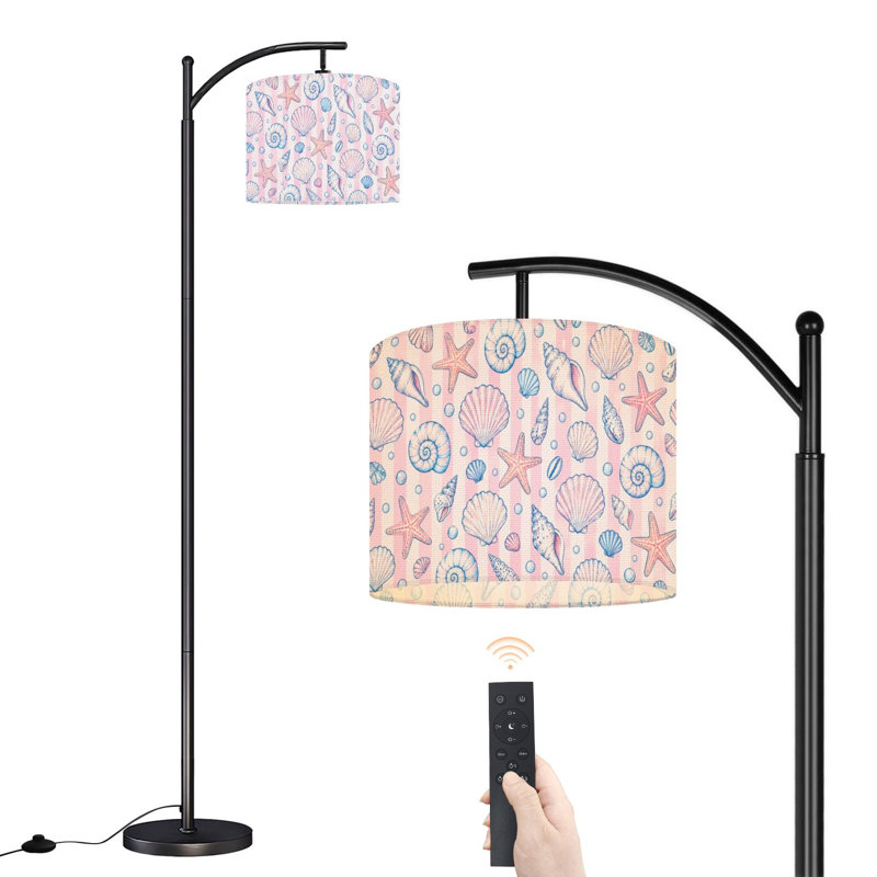 Lampe sur pied arquée avec abat-jour réglable, motif coquillage et étoile de mer rose et blanc, 3 températures de couleur, intensité variable, lampe sur pied avec interrupteur au pied pour chambre à coucher