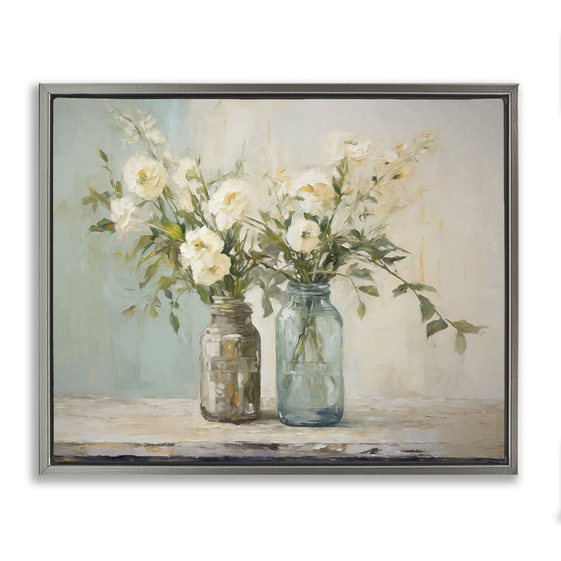 «Mason Jar Bouquet» par Ramona Murdock, H 17 po x l 21 po, Cadre flottant gris lustré