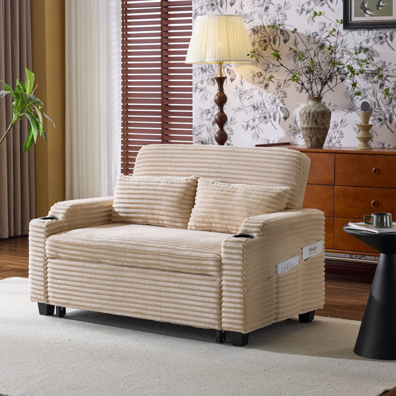  Upholstered Corduroy Convertible Reclining Sleeper Couch Pull Out Sofa Sofa Bed Loveseat Recliner For Small Space, Khaki