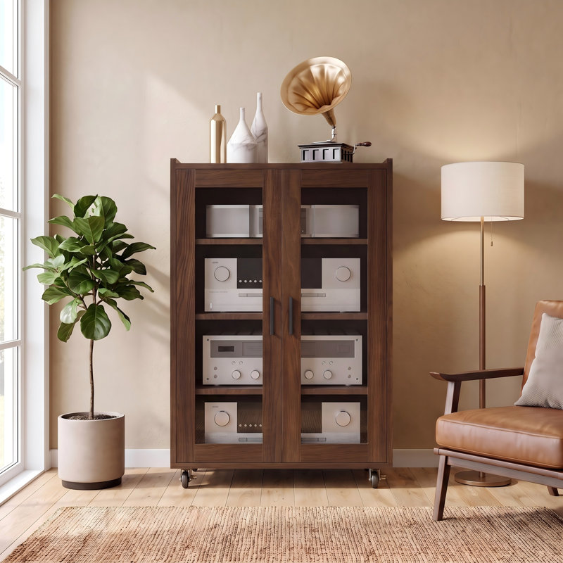 Media Storage Cabinet, Audio-Video Media Stand,Stereo Cabinet With 4 Height-Adjustable Shelves, , Brown