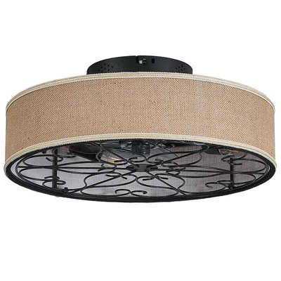 20 Inch Caged Ceiling Fans With Lights Flush Mount,Low Profile Fabric Farmhouse Bladeless Ceiling Fan With Remote, Farmhouse Ceiling Fan For Bedroom,6 Speeds Reversible Silent Fandalier
