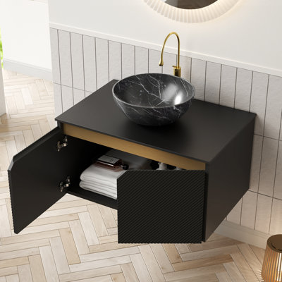 Ensemble de meuble-lavabo et d'évier de salle de bain mural de 30 po, lavabo en céramique noir avec texture de pierre, plateau fritté, portes d'armoire en sergé, mécanisme de fermeture en douceur, contreplaqué multi-couches d'eau