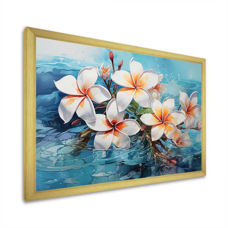 Plumeria Blossoms Come Alive In Water sur toile, Cadre photo doré simple, H 16 po x l 32 po x P 1 po