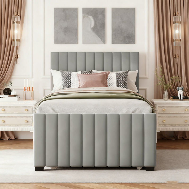 Lit plateforme simple tapissier en velours avec lit gigogne, Rose