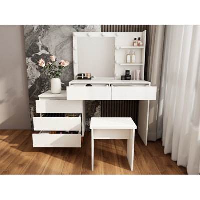 Coiffeuse blanche à DEL avec tiroirs de rangement, miroir et tabouret ergonomique, idéale pour les petites salles de bain, poids : 46 kg, parfaite pour les passionnées.